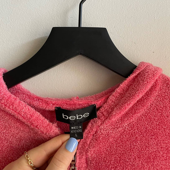 Bebe Y2K Teddy Ultra Crop Long Sleeve Zip Hoodie furry fuzzy soft pink coral - Picture 3 of 4